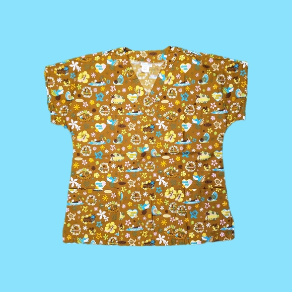 🚨Peekaboo USA SMALL "Honolulu" Theme Hawaii Made Medical Scrub Top - Picture 1 of 5